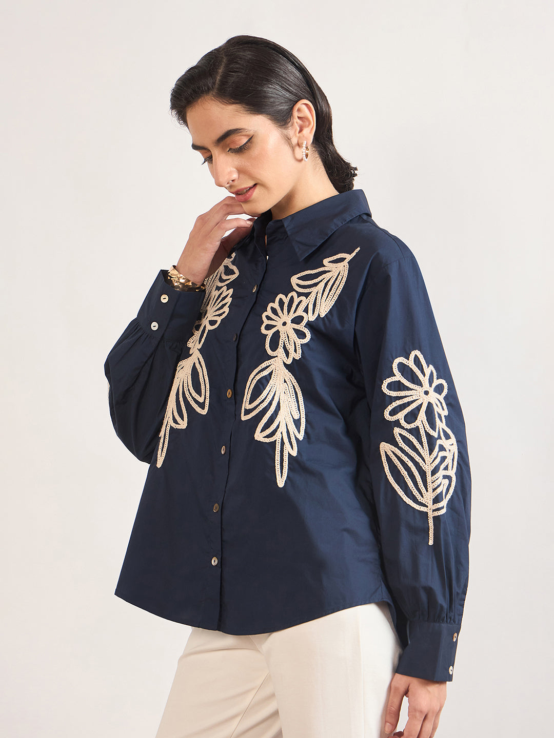 Navy Cotton A-Line Cuffed Sleeves Embroidery Shirt