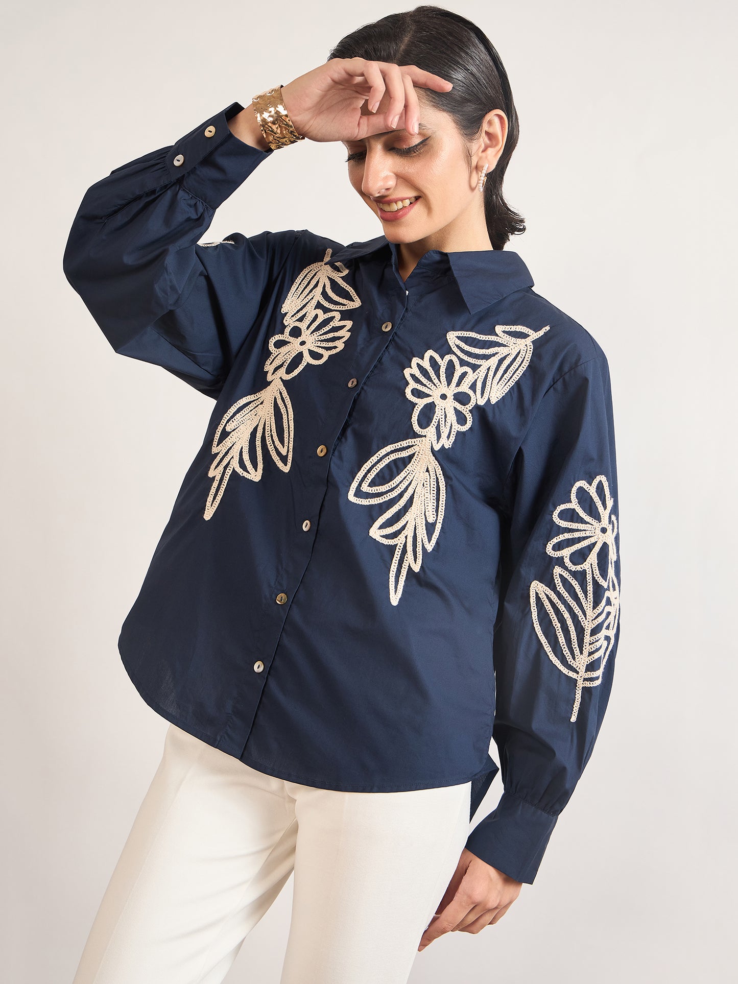 Navy Cotton A-Line Cuffed Sleeves Embroidery Shirt