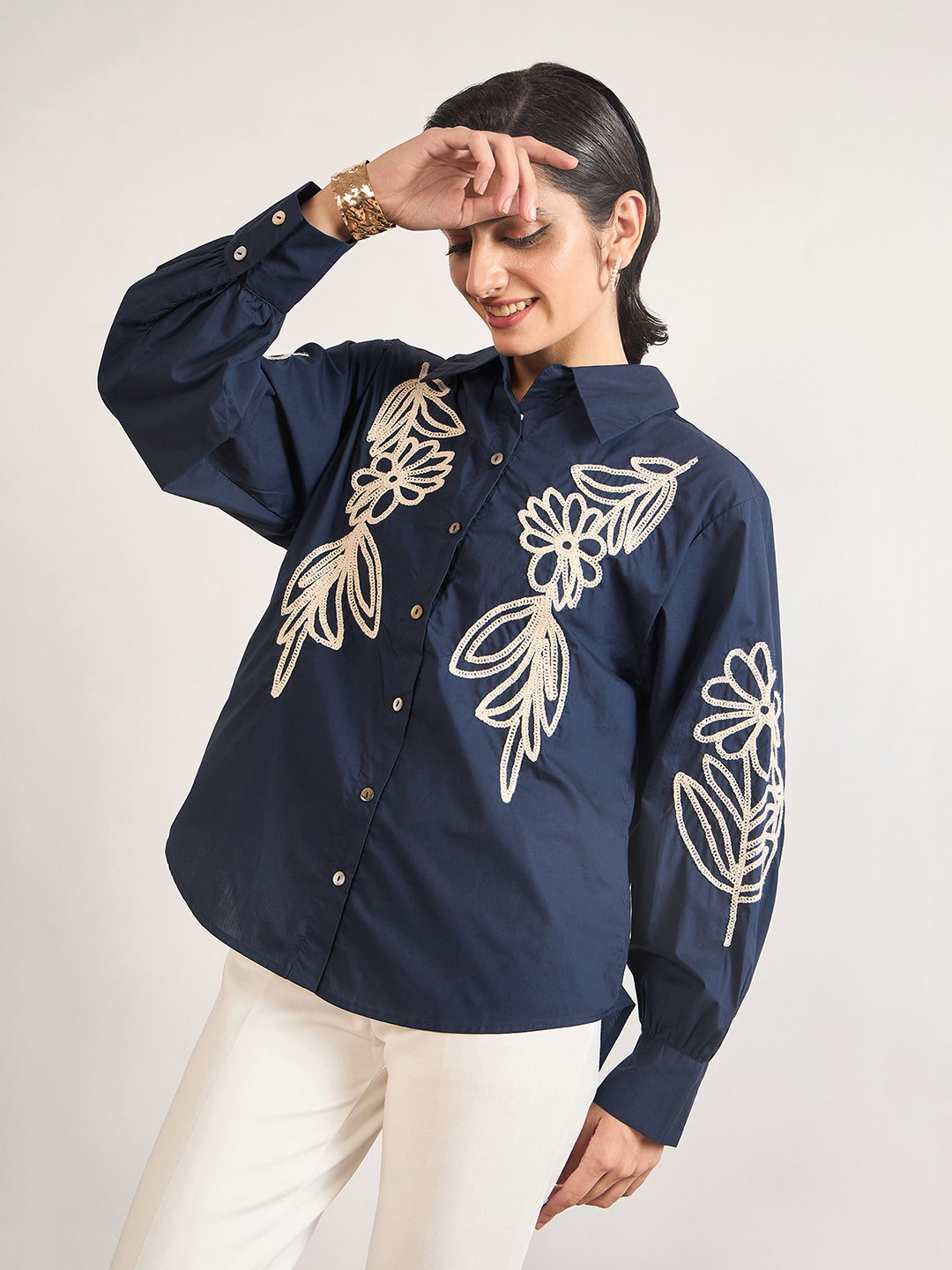 Navy Cotton A-Line Cuffed Sleeves Embroidery Shirt