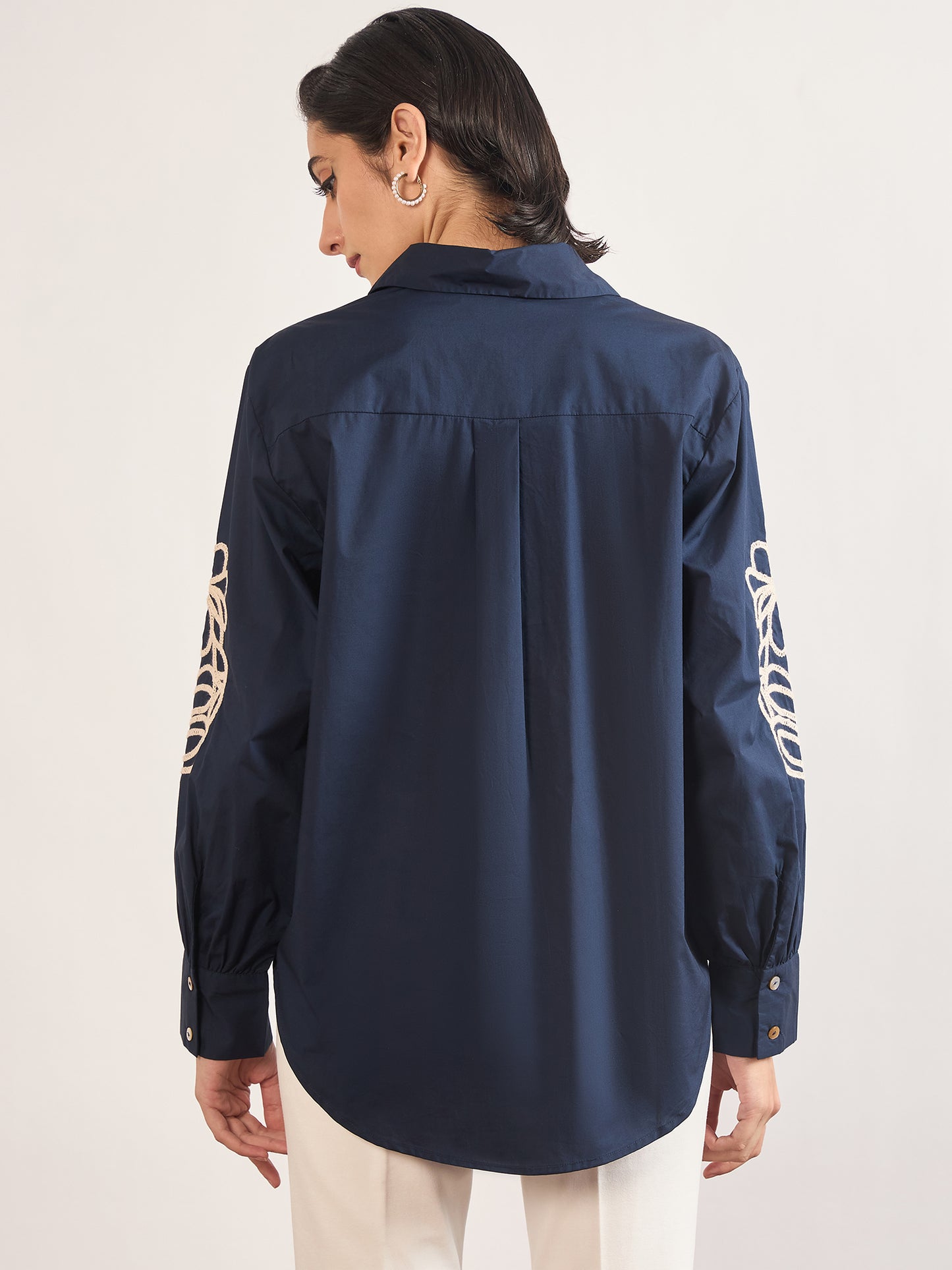 Navy Cotton A-Line Cuffed Sleeves Embroidery Shirt