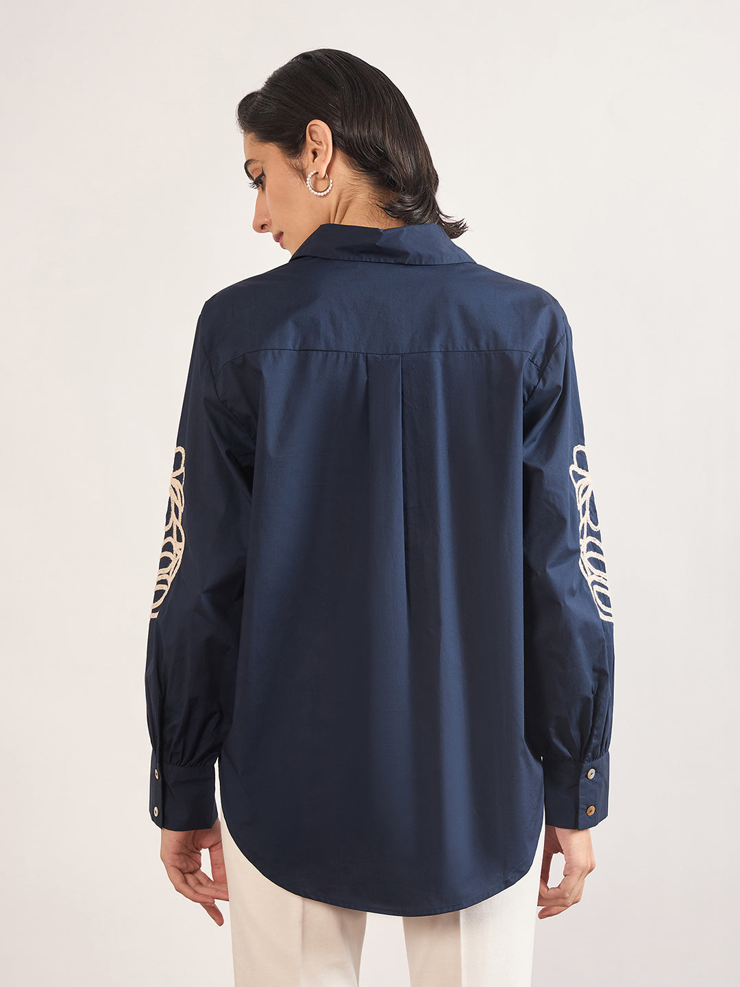 Navy Cotton A-Line Cuffed Sleeves Embroidery Shirt