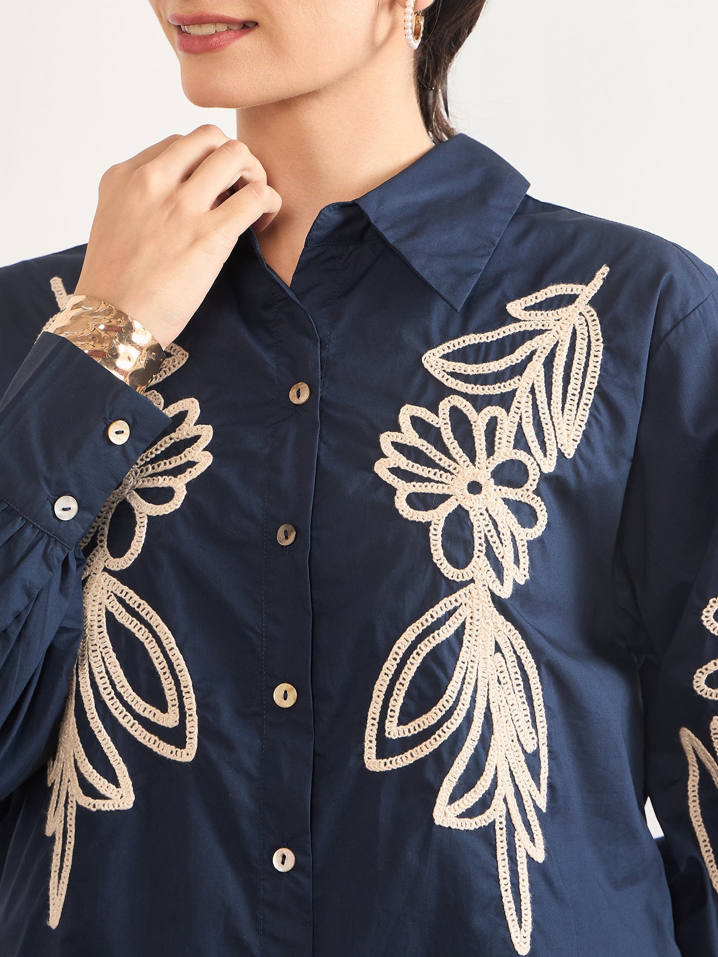 Navy Cotton A-Line Cuffed Sleeves Embroidery Shirt