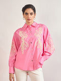 Pink Cotton A-Line Cuffed Sleeves Embroidery Shirt