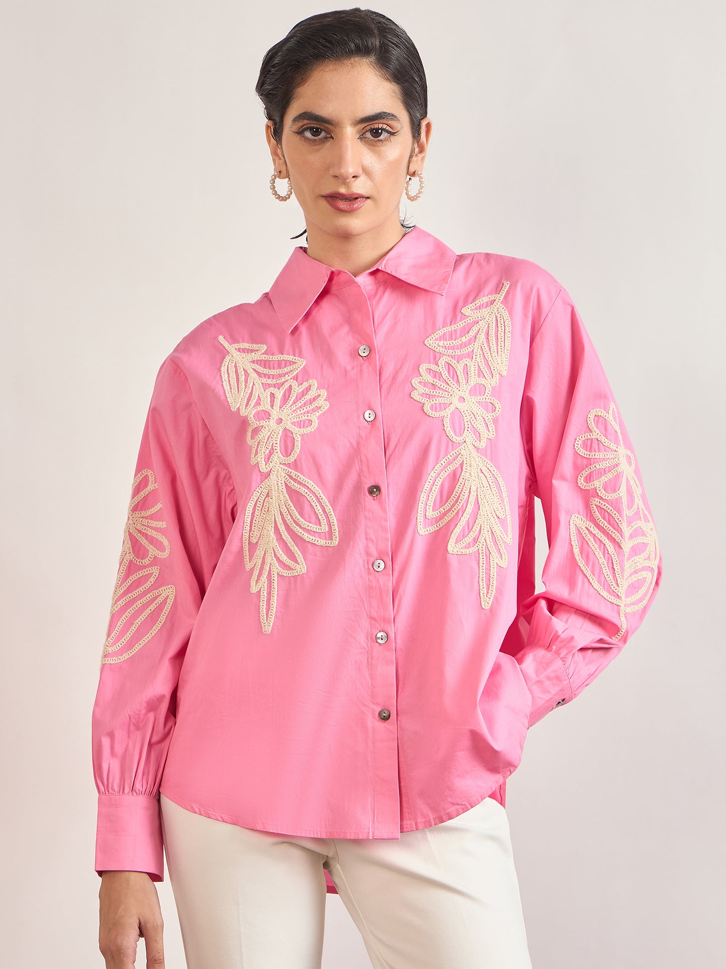 Pink Cotton A-Line Cuffed Sleeves Embroidery Shirt