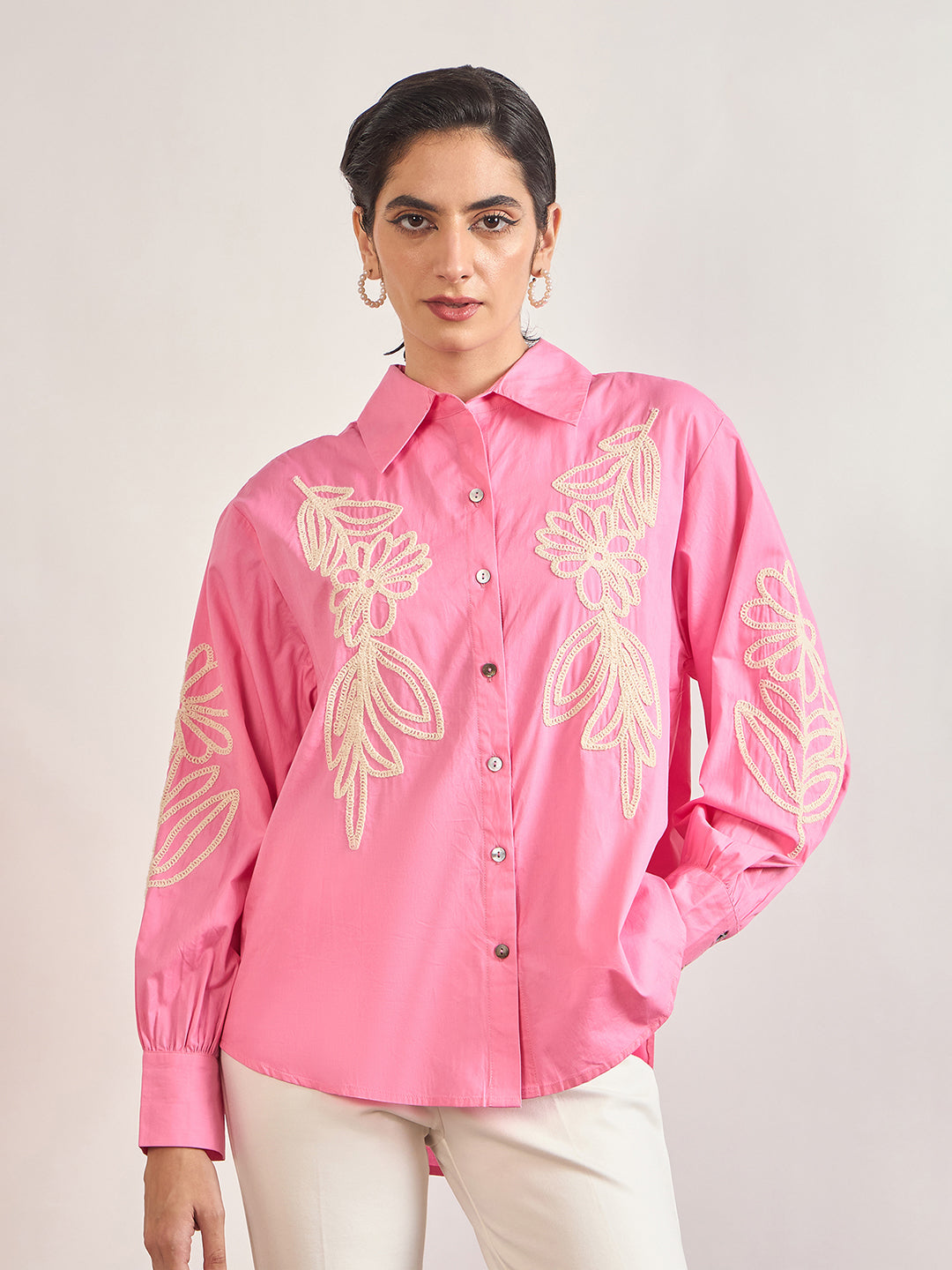 Pink Cotton A-Line Cuffed Sleeves Embroidery Shirt