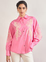 Pink Cotton A-Line Cuffed Sleeves Embroidery Shirt