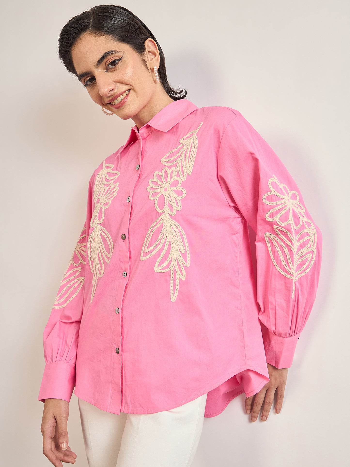 Pink Cotton A-Line Cuffed Sleeves Embroidery Shirt