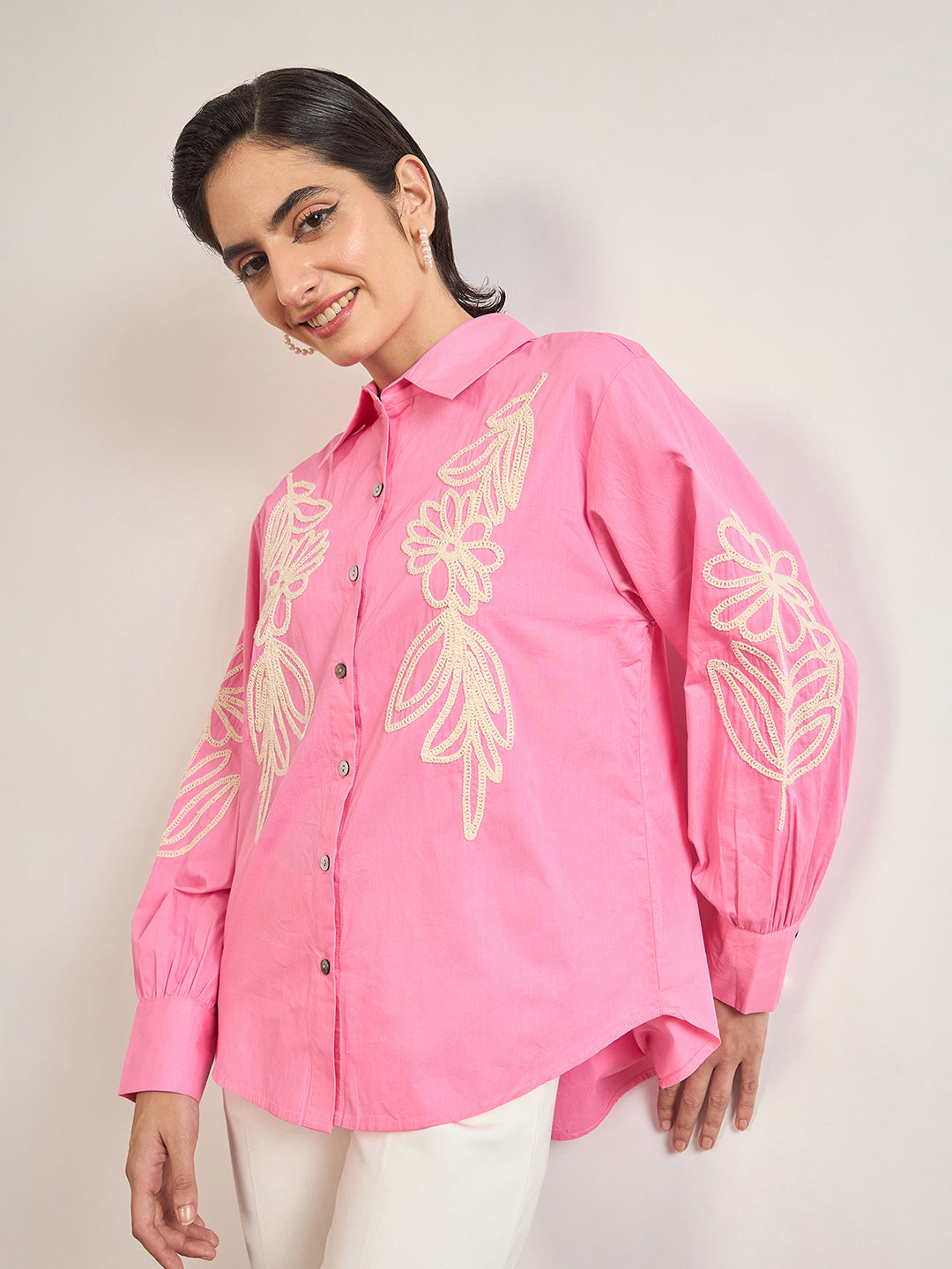 Pink Cotton A-Line Cuffed Sleeves Embroidery Shirt