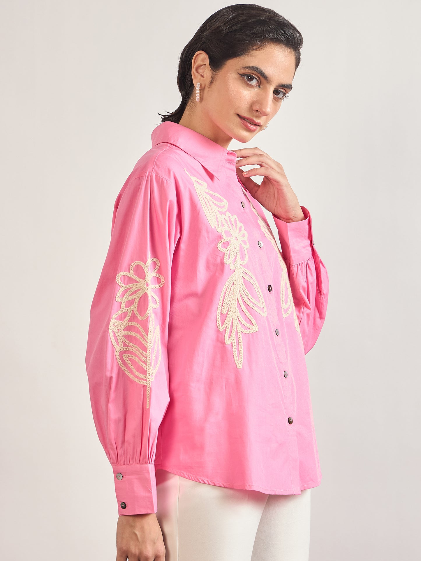 Pink Cotton A-Line Cuffed Sleeves Embroidery Shirt