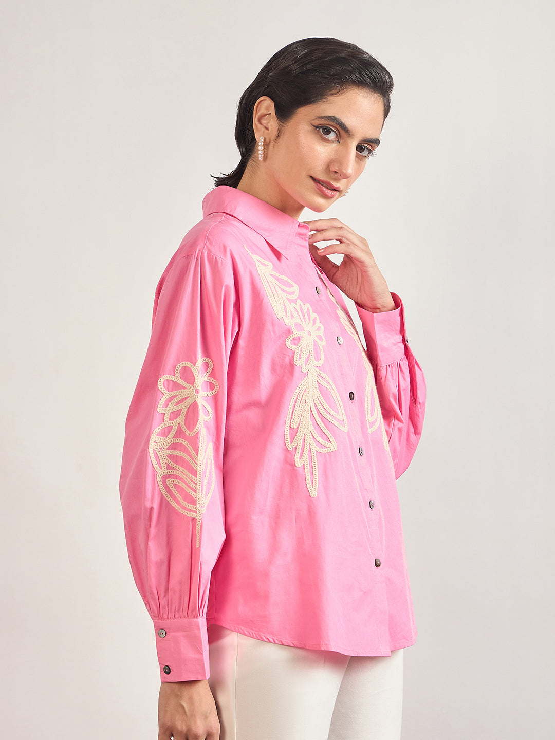 Pink Cotton A-Line Cuffed Sleeves Embroidery Shirt