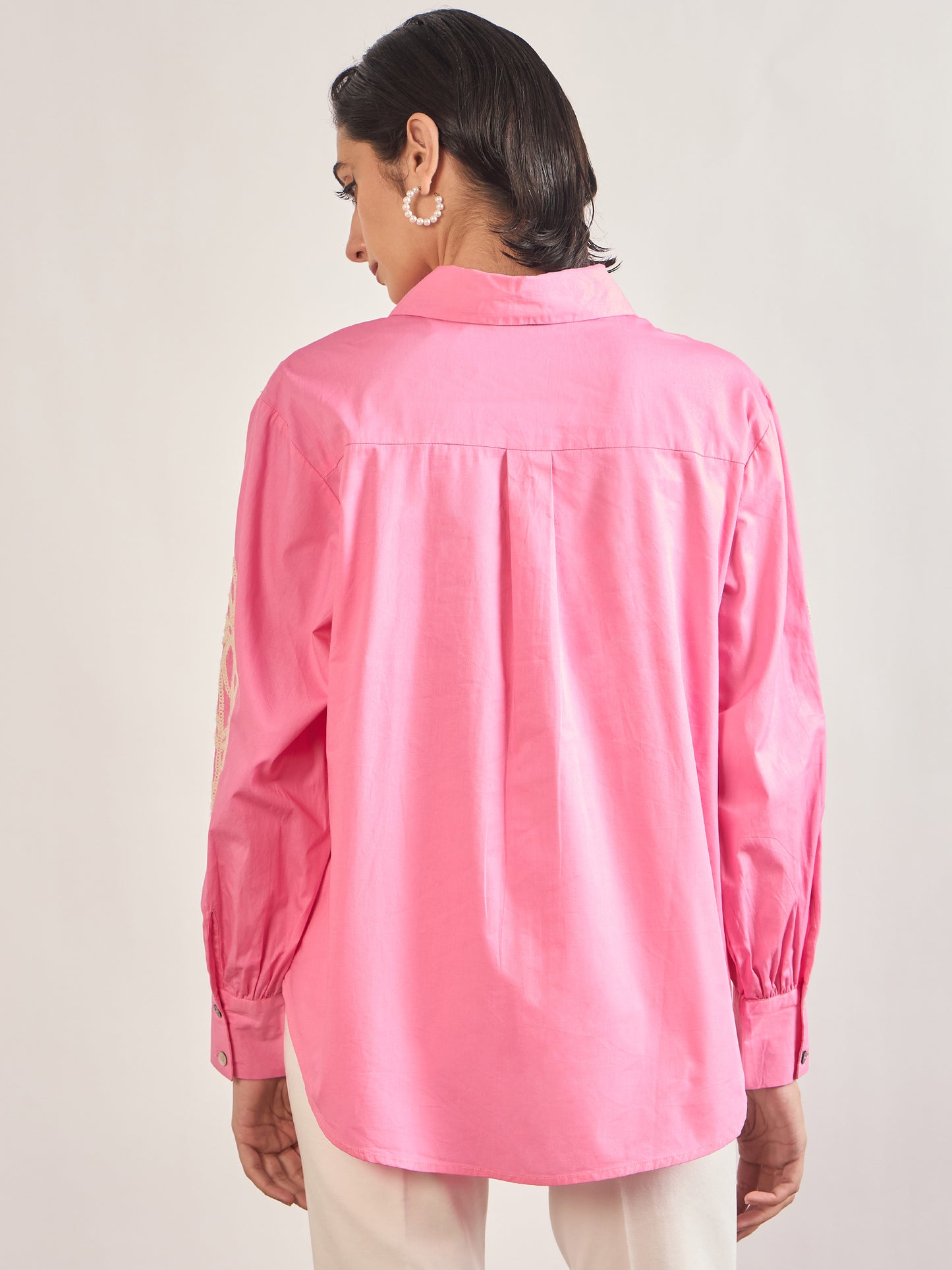 Pink Cotton A-Line Cuffed Sleeves Embroidery Shirt