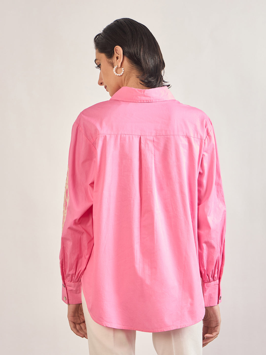Pink Cotton A-Line Cuffed Sleeves Embroidery Shirt