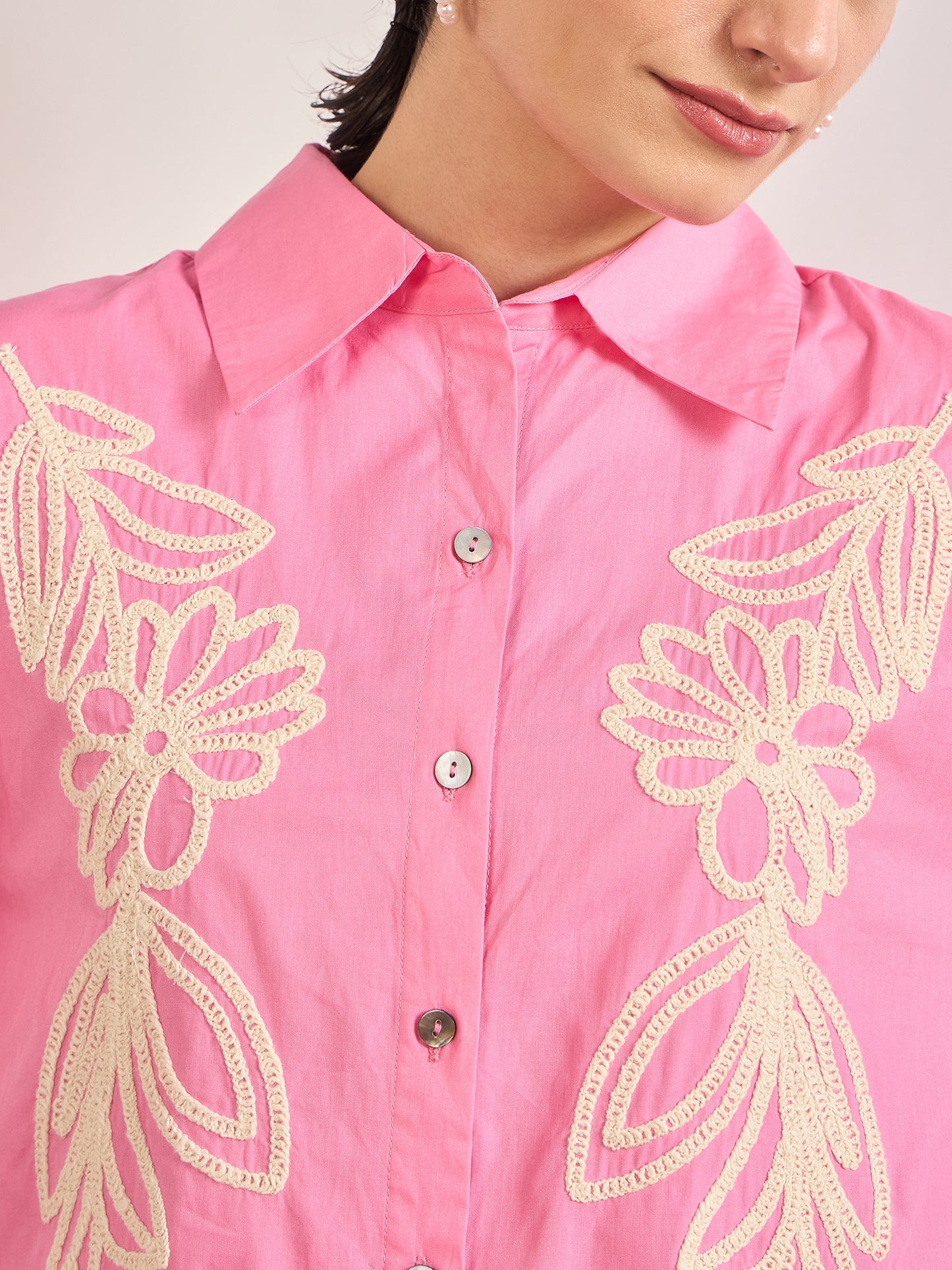 Pink Cotton A-Line Cuffed Sleeves Embroidery Shirt