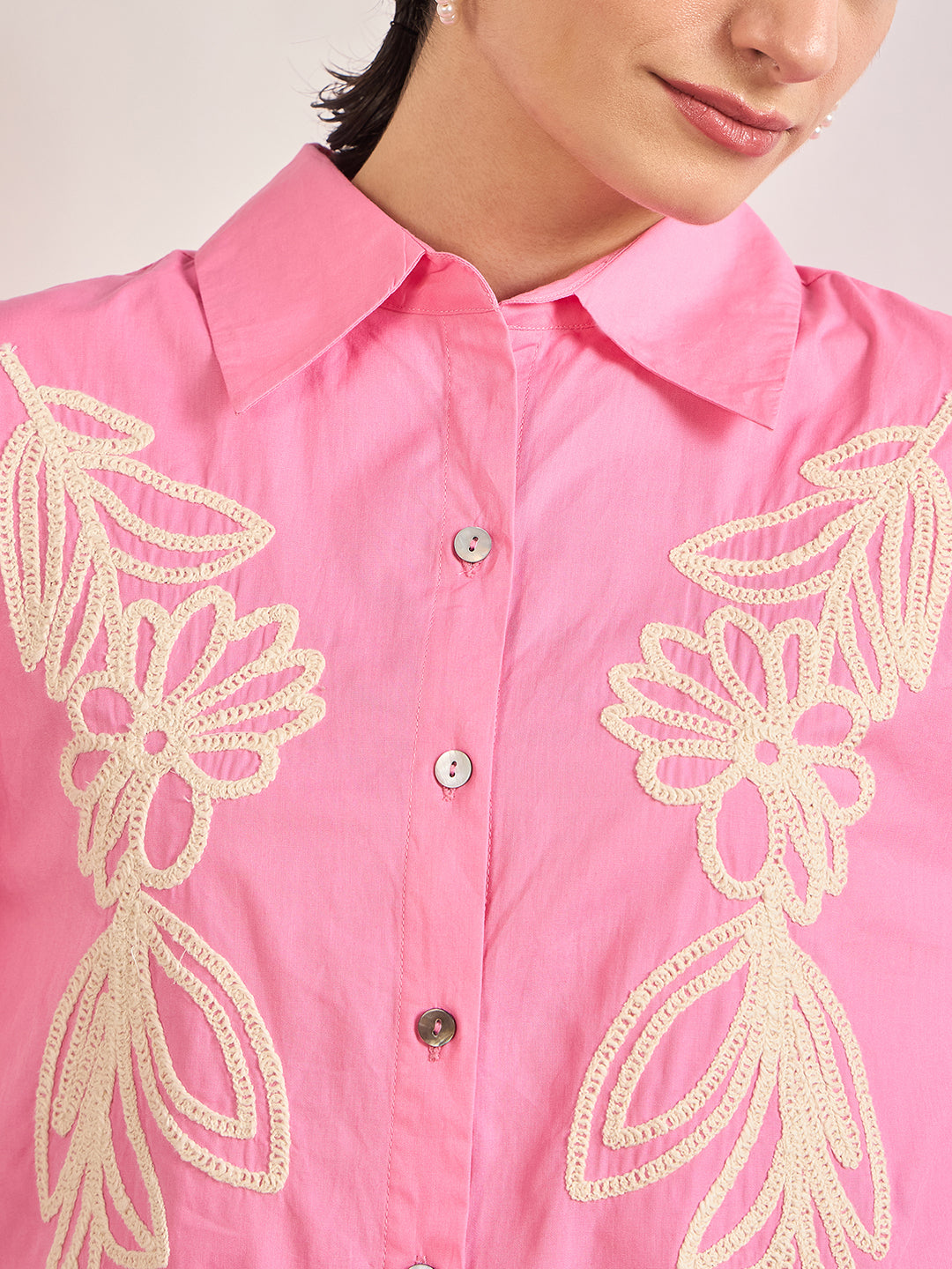 Pink Cotton A-Line Cuffed Sleeves Embroidery Shirt