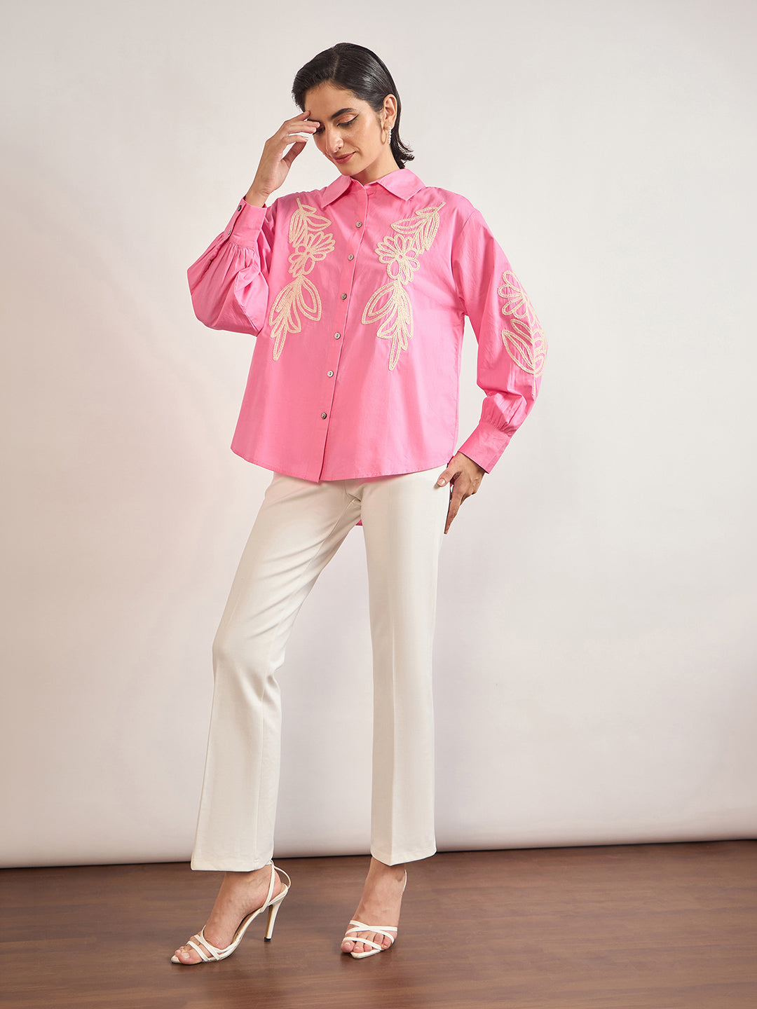 Pink Cotton A-Line Cuffed Sleeves Embroidery Shirt