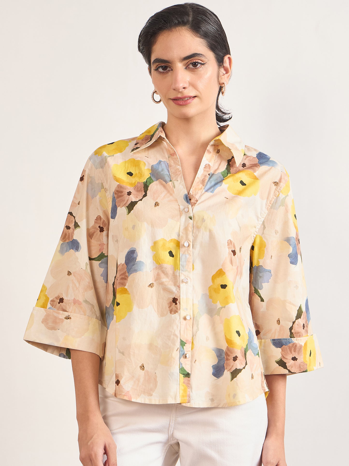 Beige Cotton A-Line Floral Printed Shirt