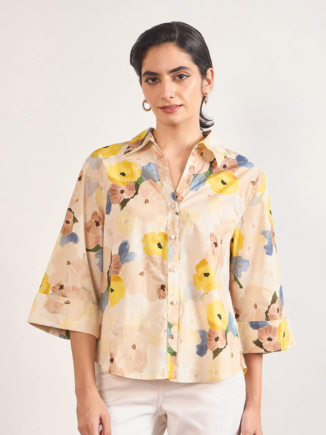 Beige Cotton A-Line Floral Printed Shirt