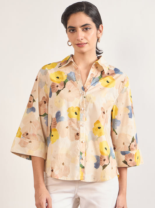 Beige Cotton A-Line Floral Printed Shirt