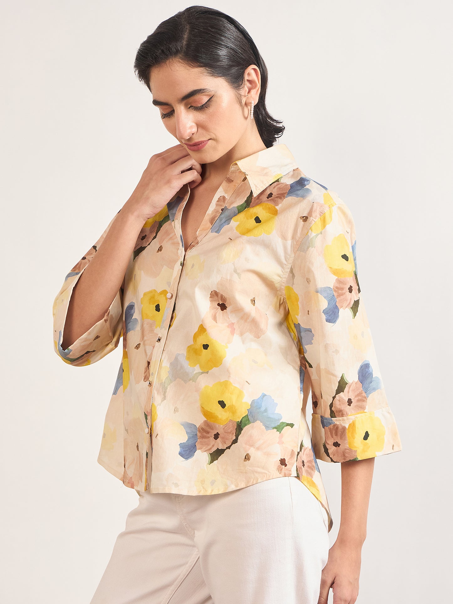 Beige Cotton A-Line Floral Printed Shirt