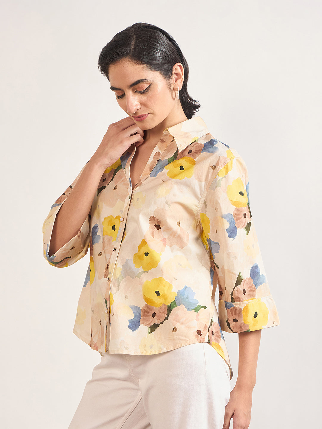 Beige Cotton A-Line Floral Printed Shirt