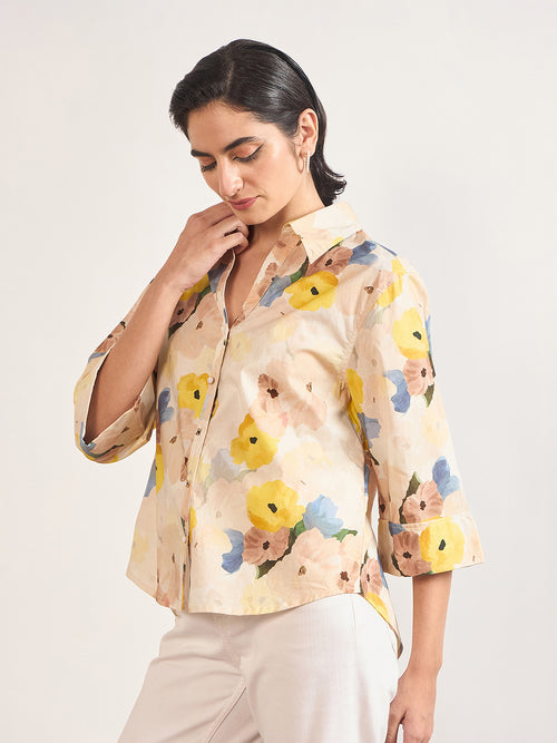 Beige Cotton A-Line Floral Printed Shirt