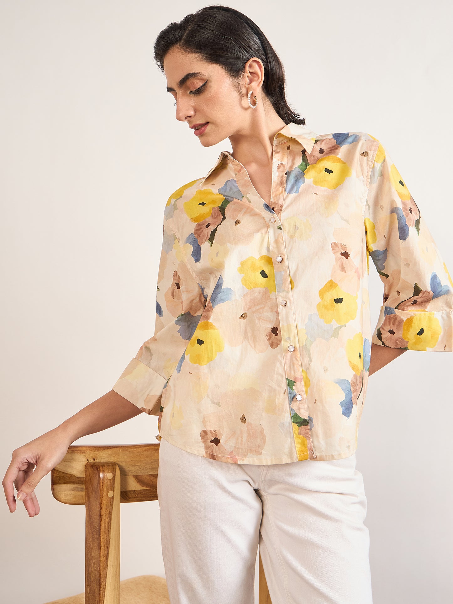 Beige Cotton A-Line Floral Printed Shirt