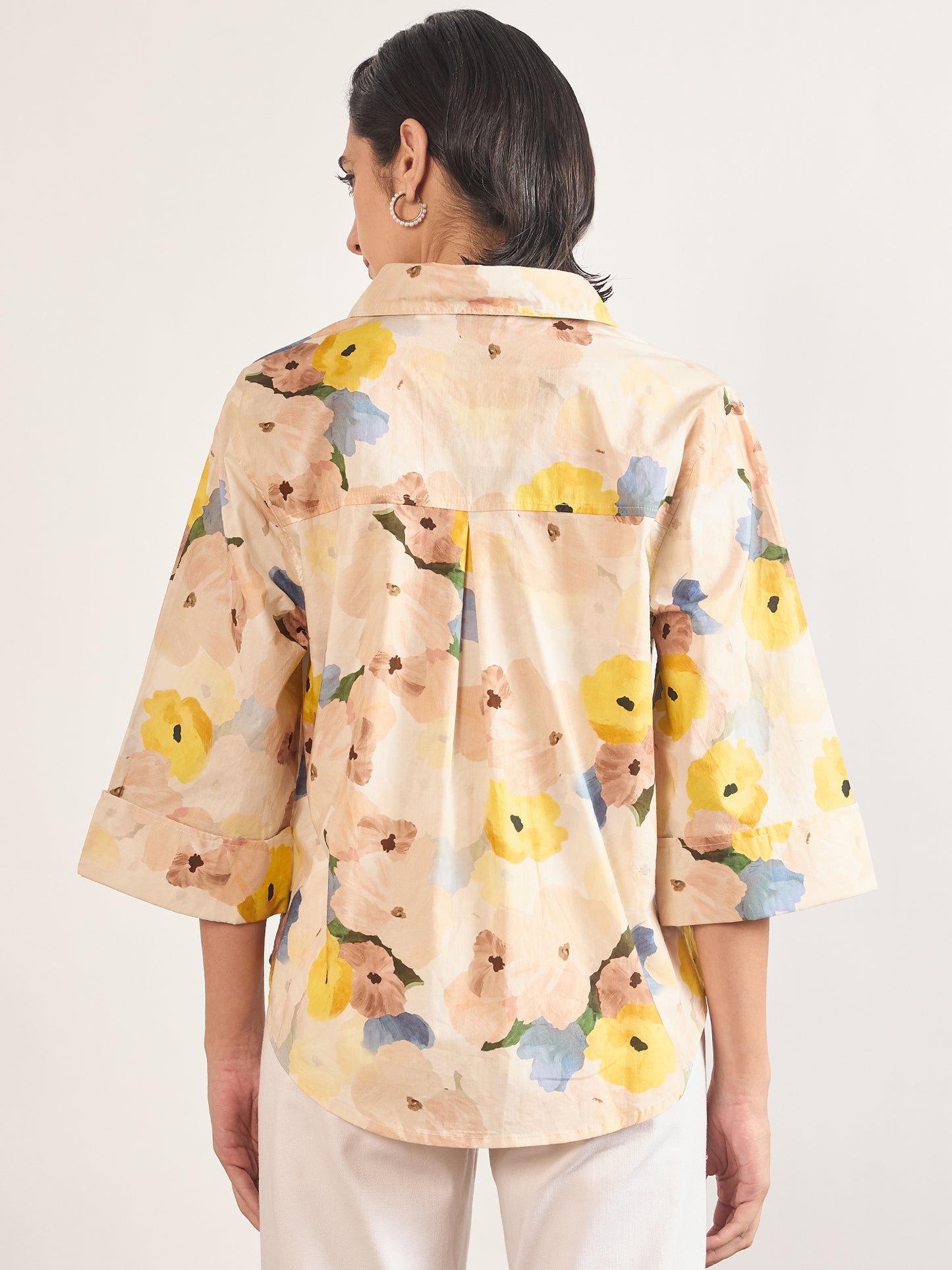 Beige Cotton A-Line Floral Printed Shirt