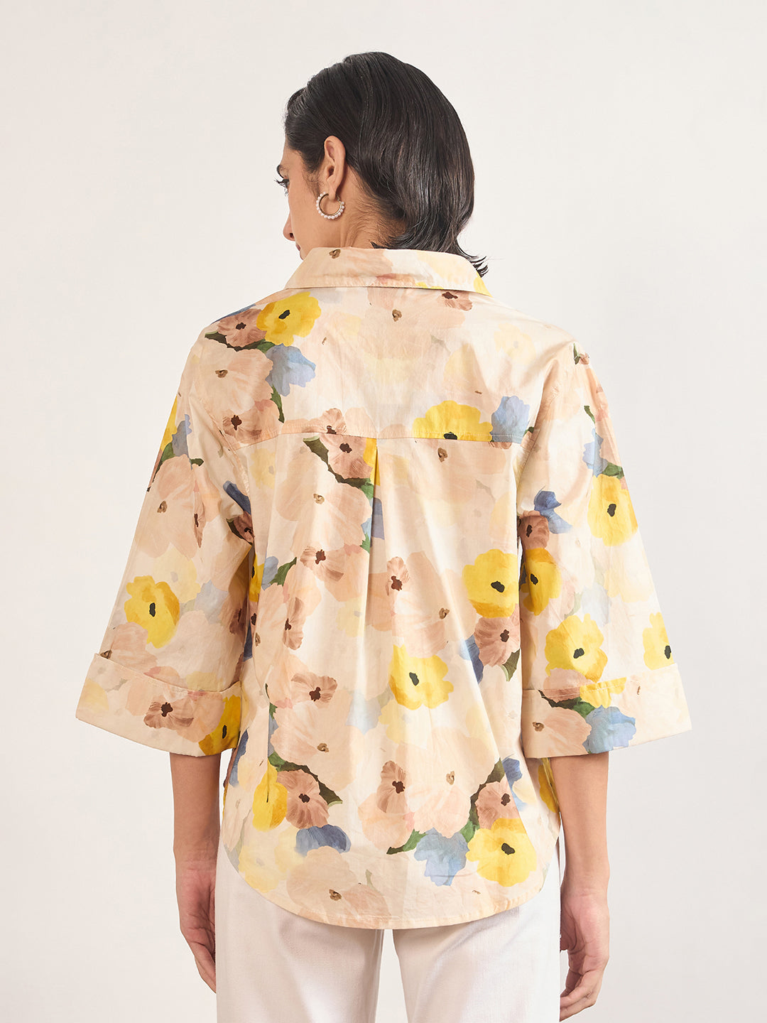 Beige Cotton A-Line Floral Printed Shirt
