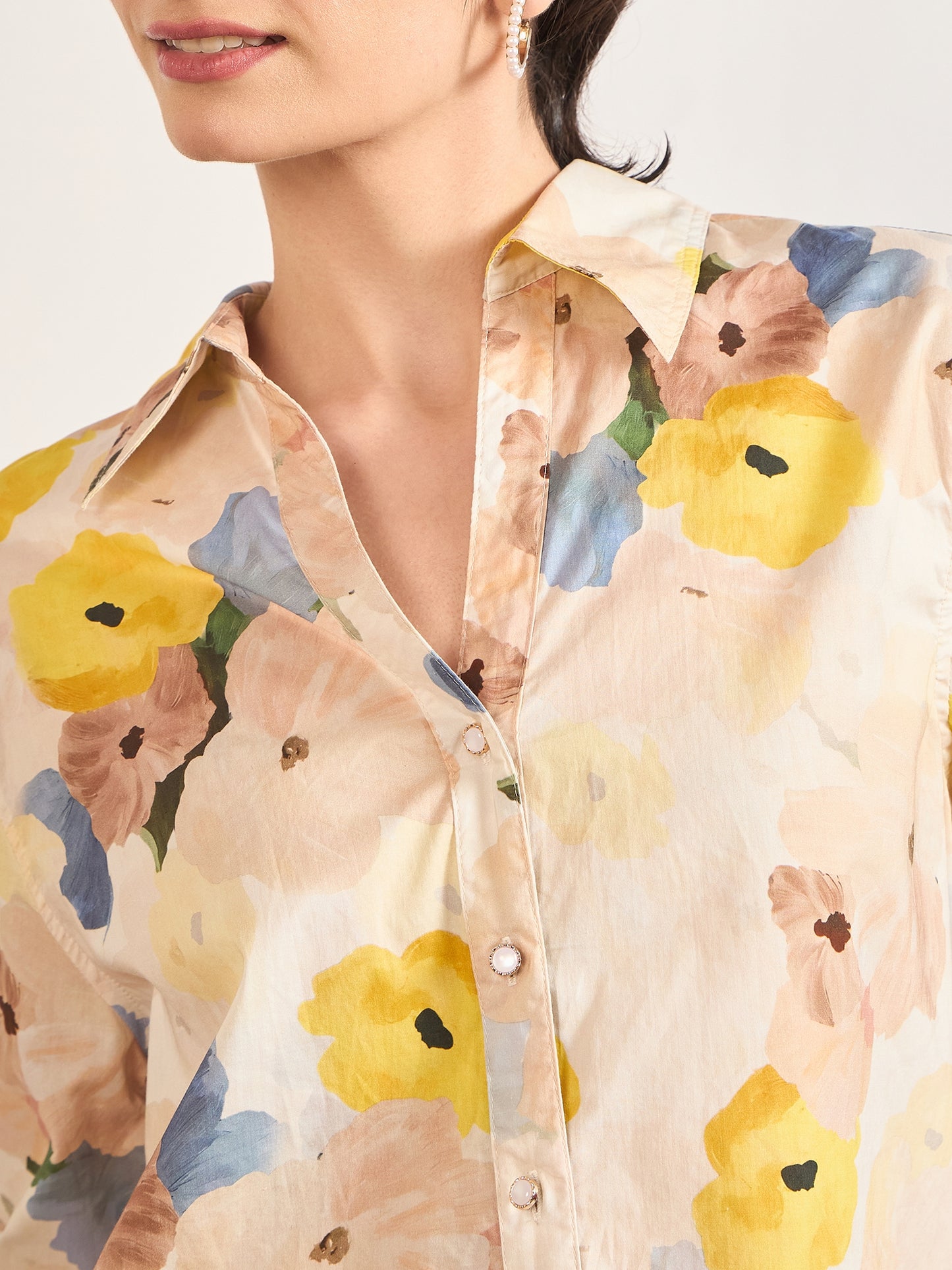 Beige Cotton A-Line Floral Printed Shirt