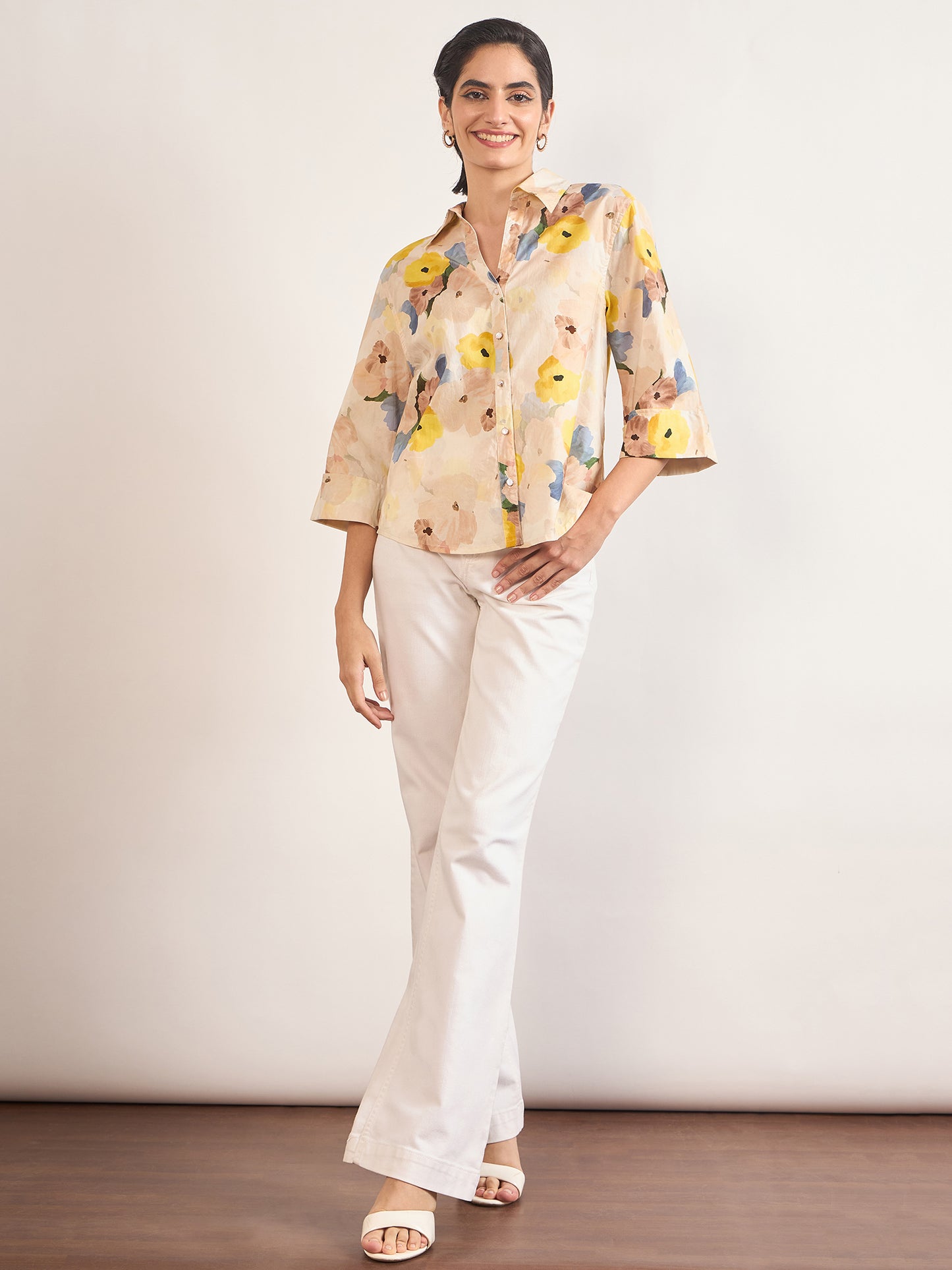 Beige Cotton A-Line Floral Printed Shirt