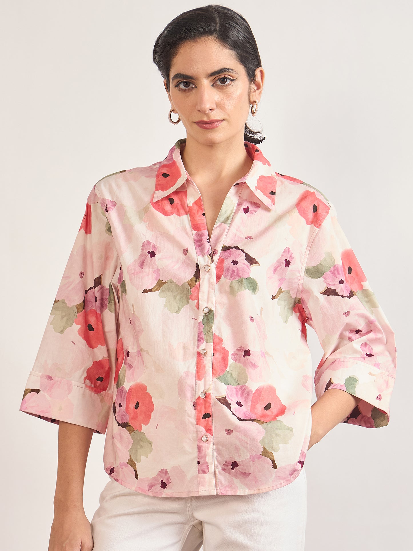 Pink Cotton A-Line Floral Printed Shirt