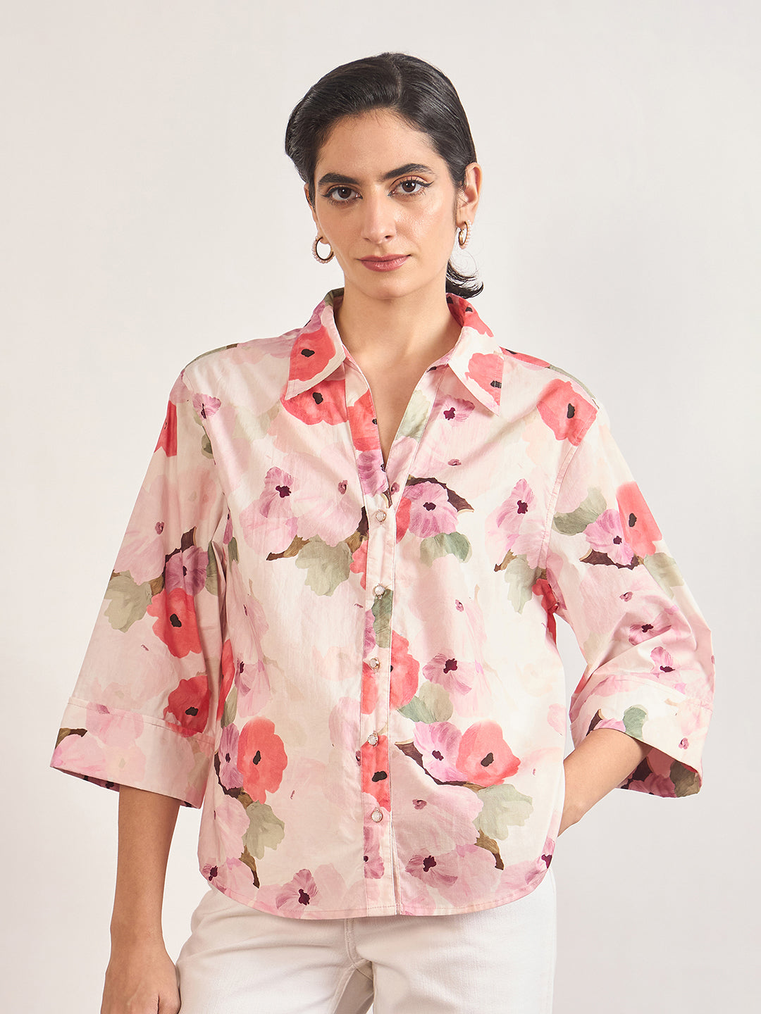 Pink Cotton A-Line Floral Printed Shirt
