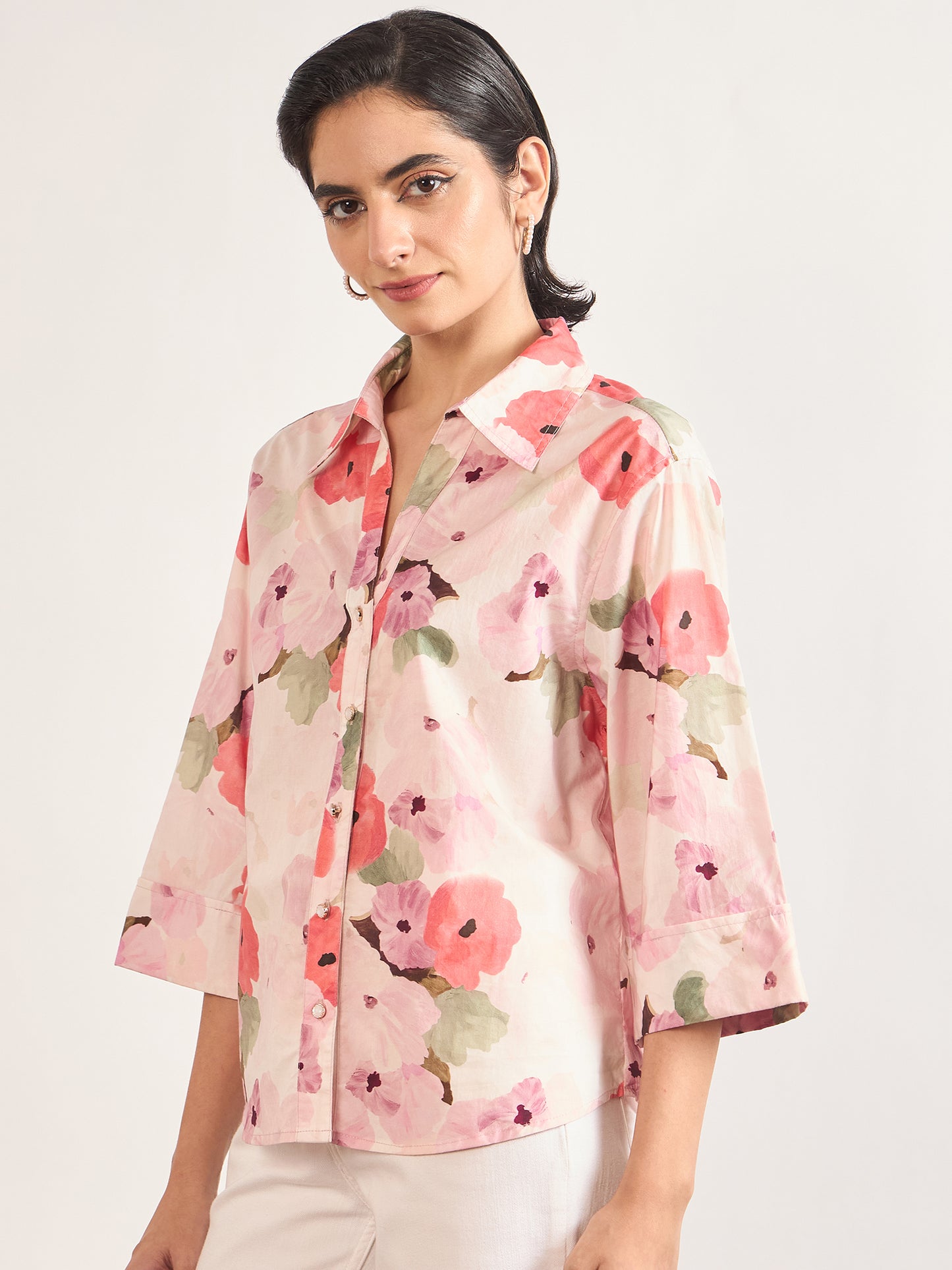 Pink Cotton A-Line Floral Printed Shirt