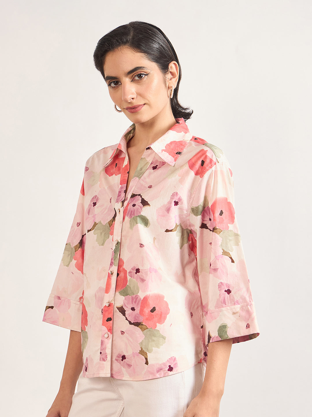 Pink Cotton A-Line Floral Printed Shirt