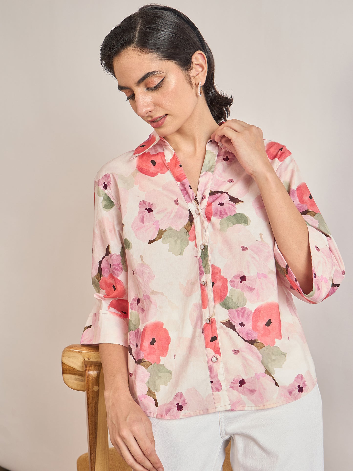 Pink Cotton A-Line Floral Printed Shirt