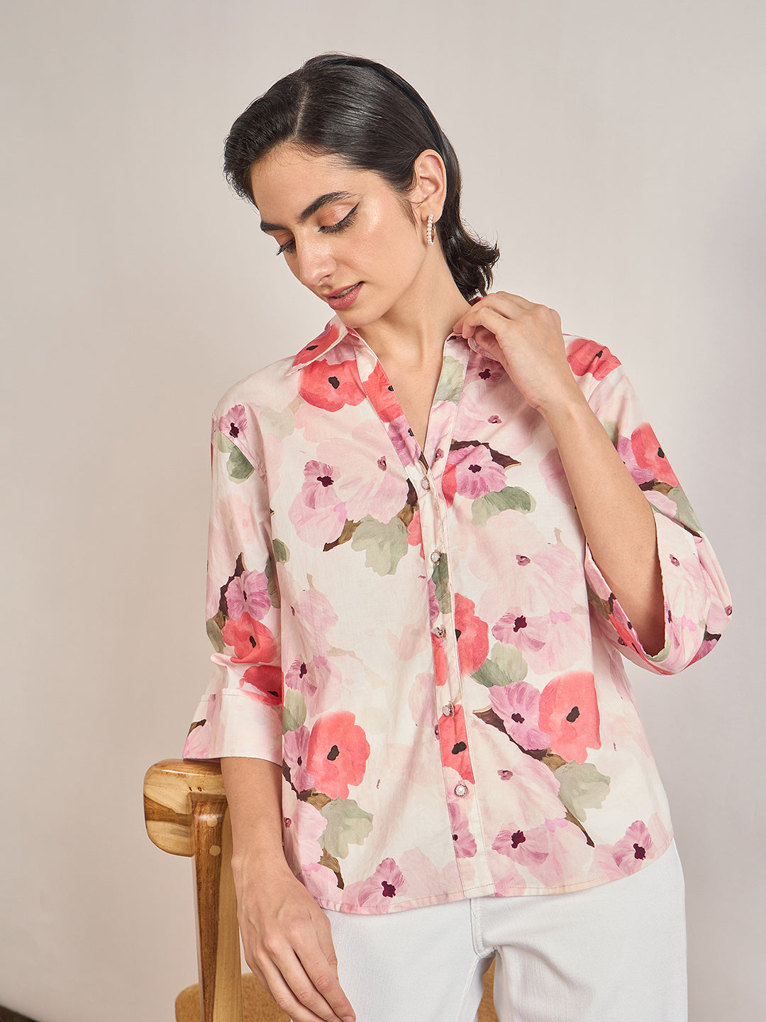 Pink Cotton A-Line Floral Printed Shirt