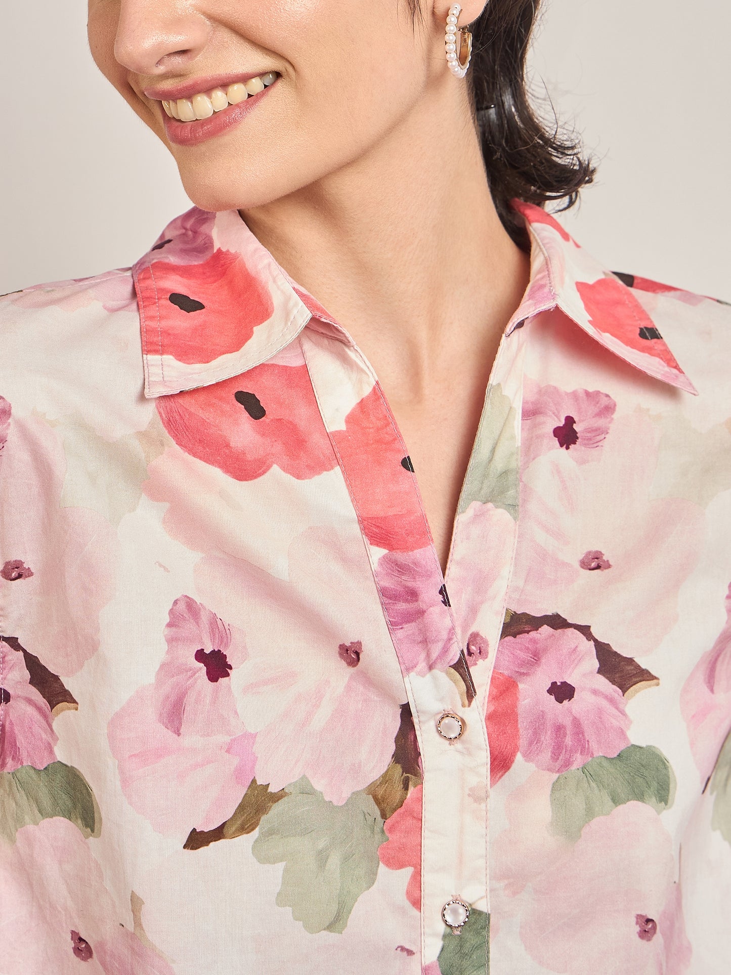 Pink Cotton A-Line Floral Printed Shirt