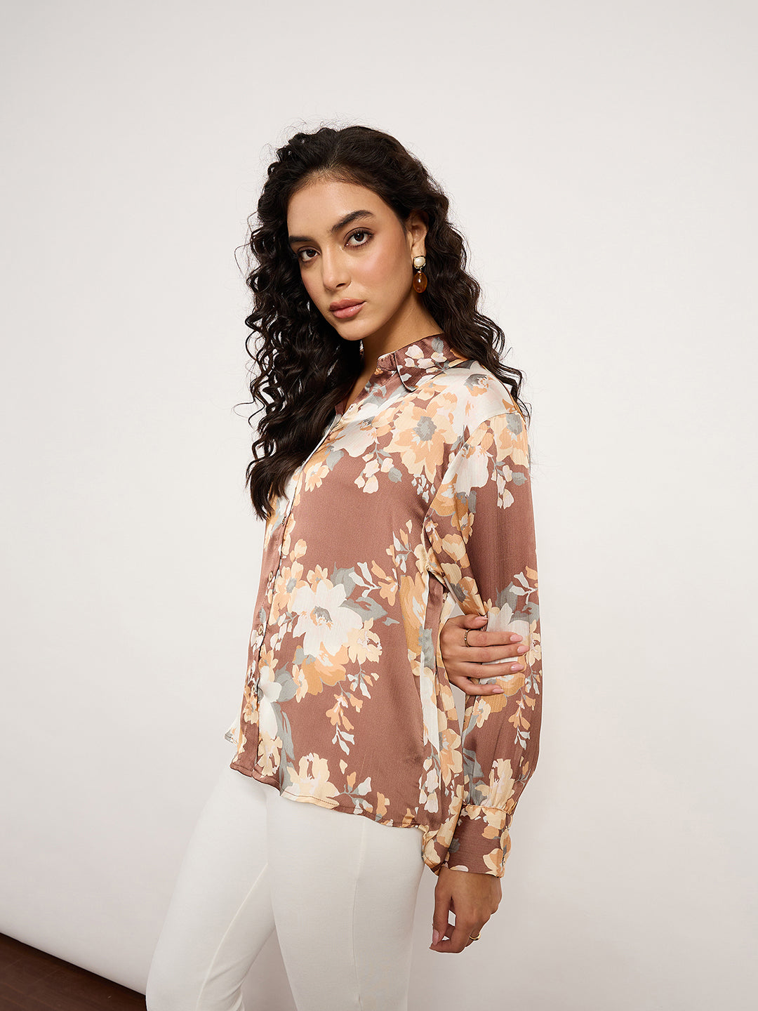 Vibrant Brown Botanical Print Shirt