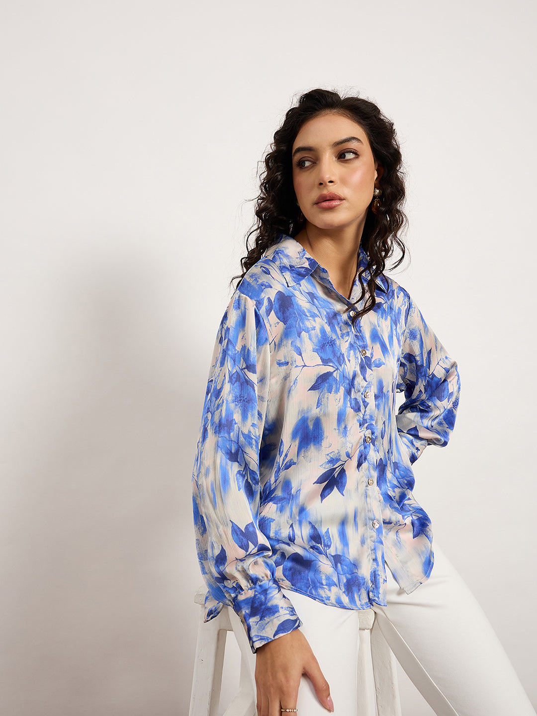 Vibrant Blue Botanical Print Shirt