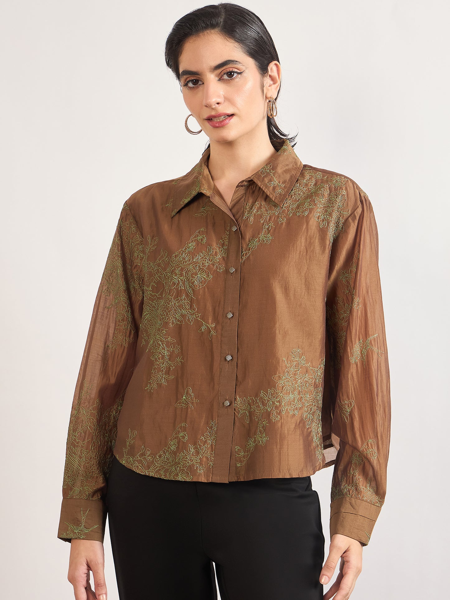 Brown Smart-Length Nylon Viscose Shirt with Contrast Embroidery