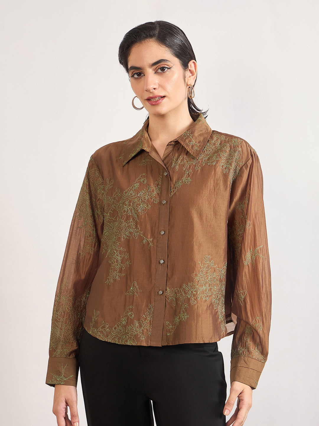 Brown Smart-Length Nylon Viscose Shirt with Contrast Embroidery
