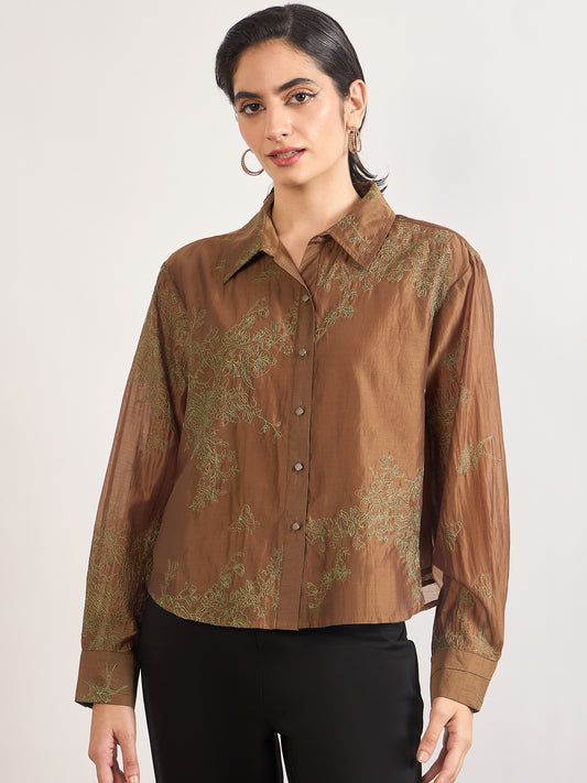 Brown Smart-Length Nylon Viscose Shirt with Contrast Embroidery