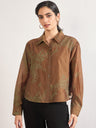 Brown Smart-Length Nylon Viscose Shirt with Contrast Embroidery