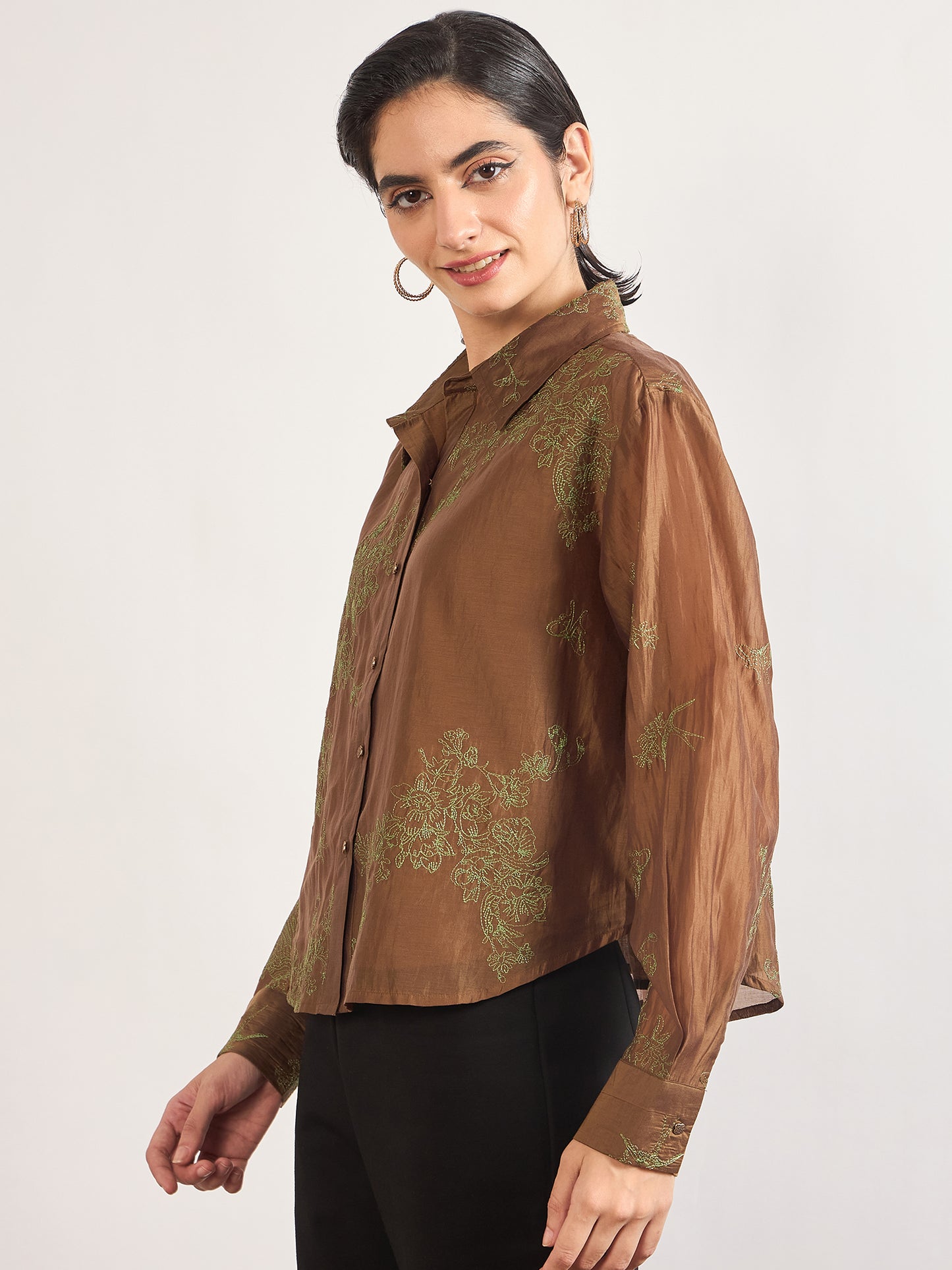 Brown Smart-Length Nylon Viscose Shirt with Contrast Embroidery