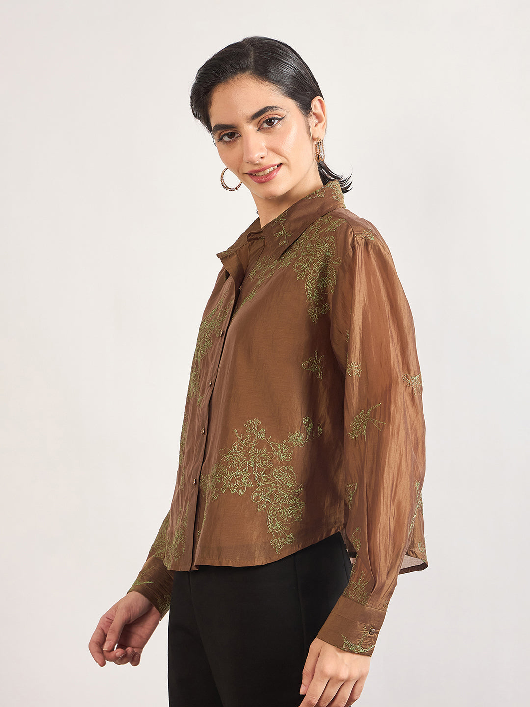 Brown Smart-Length Nylon Viscose Shirt with Contrast Embroidery