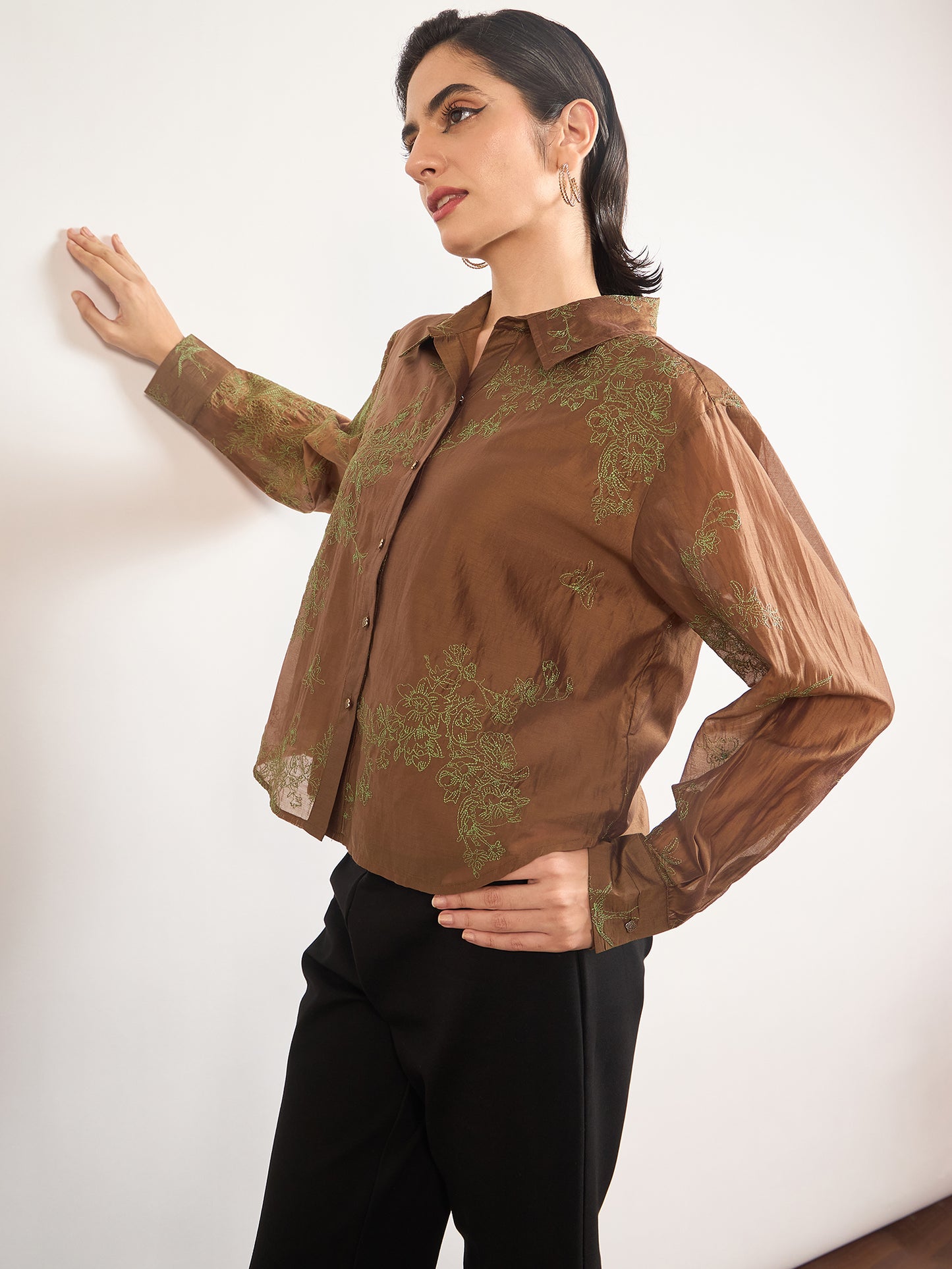 Brown Smart-Length Nylon Viscose Shirt with Contrast Embroidery