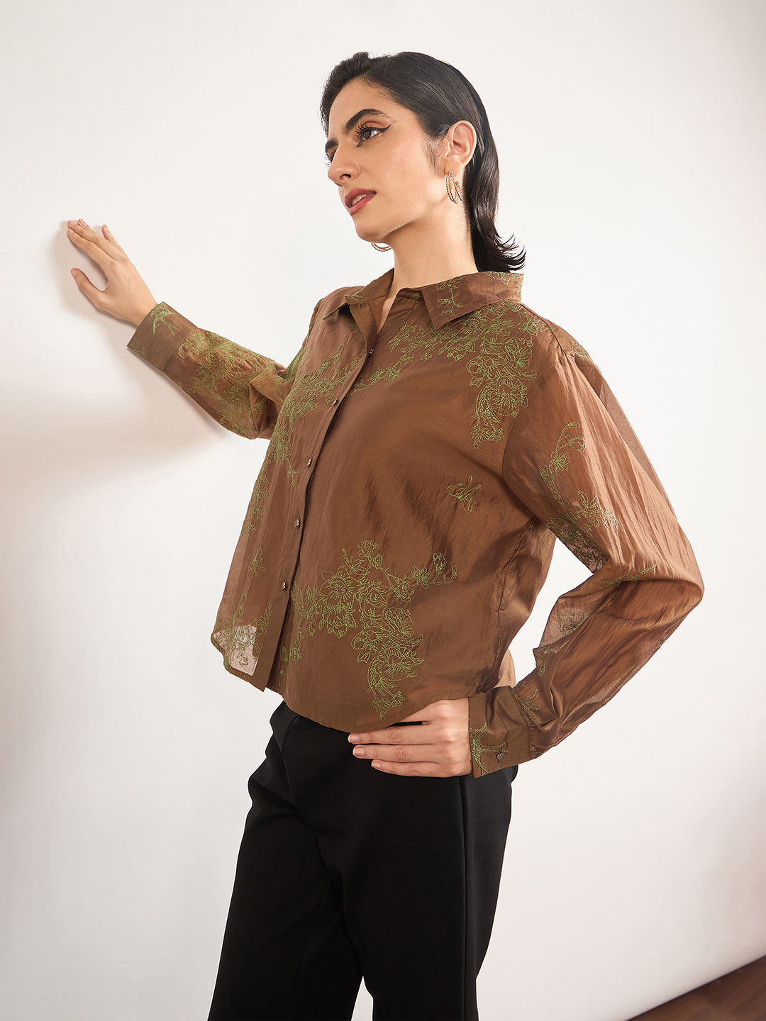 Brown Smart-Length Nylon Viscose Shirt with Contrast Embroidery
