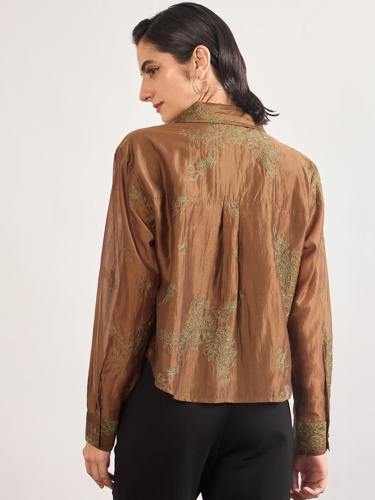 Brown Smart-Length Nylon Viscose Shirt with Contrast Embroidery