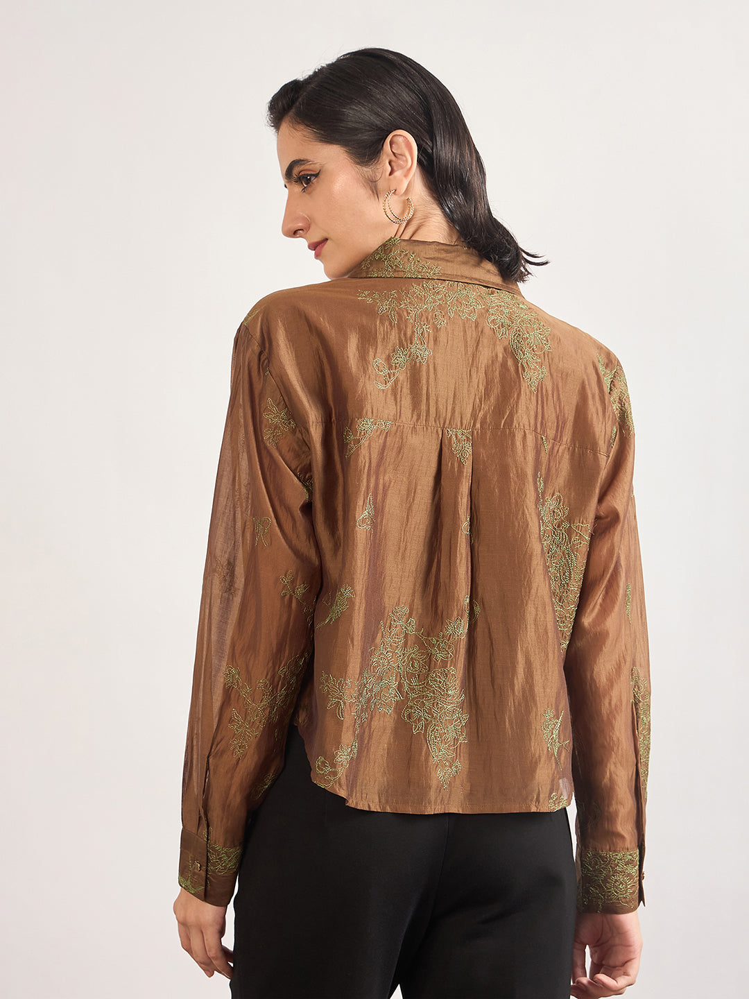 Brown Smart-Length Nylon Viscose Shirt with Contrast Embroidery