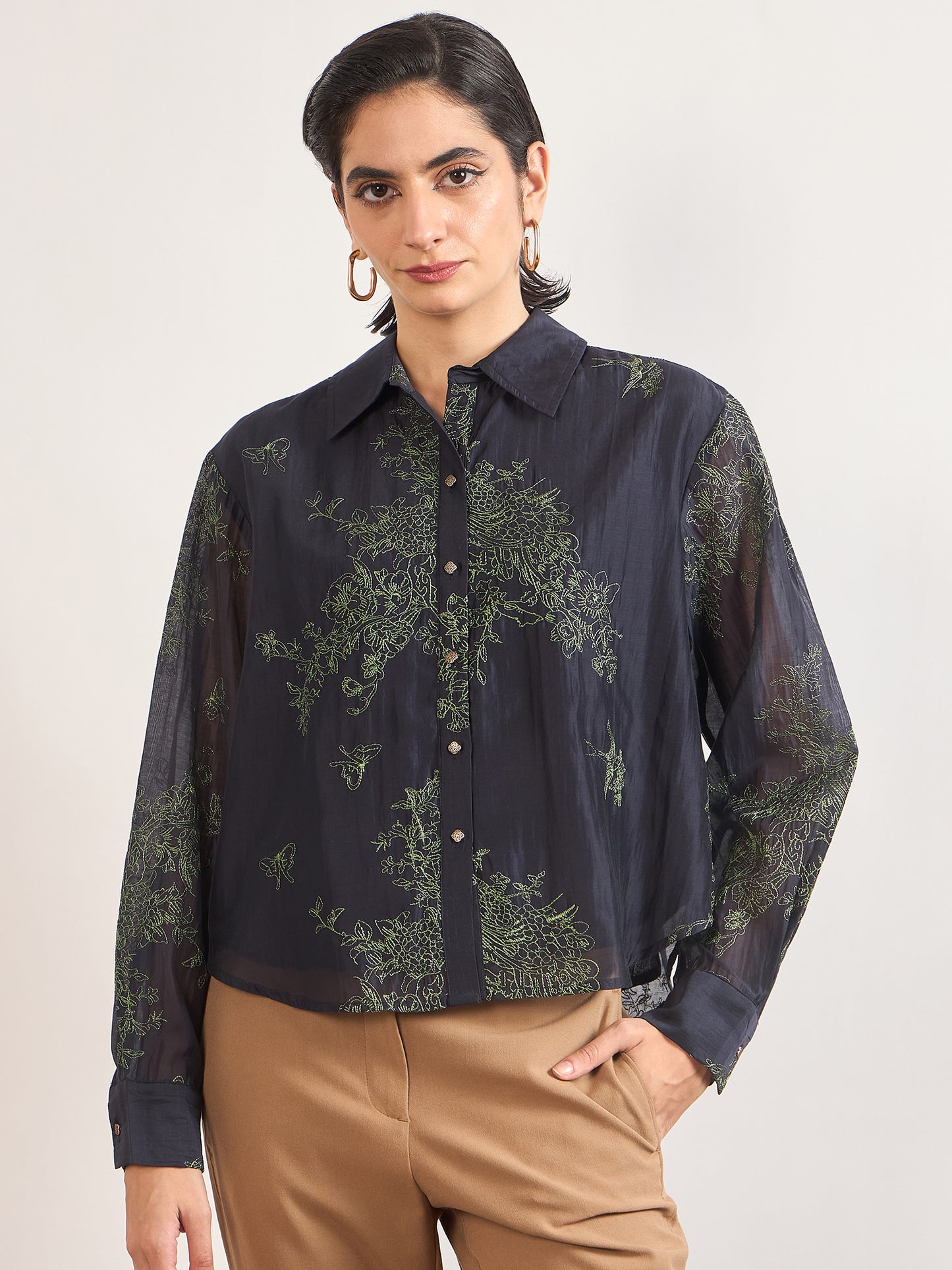 Navy Smart-Length Nylon Viscose Shirt with Contrast Embroidery